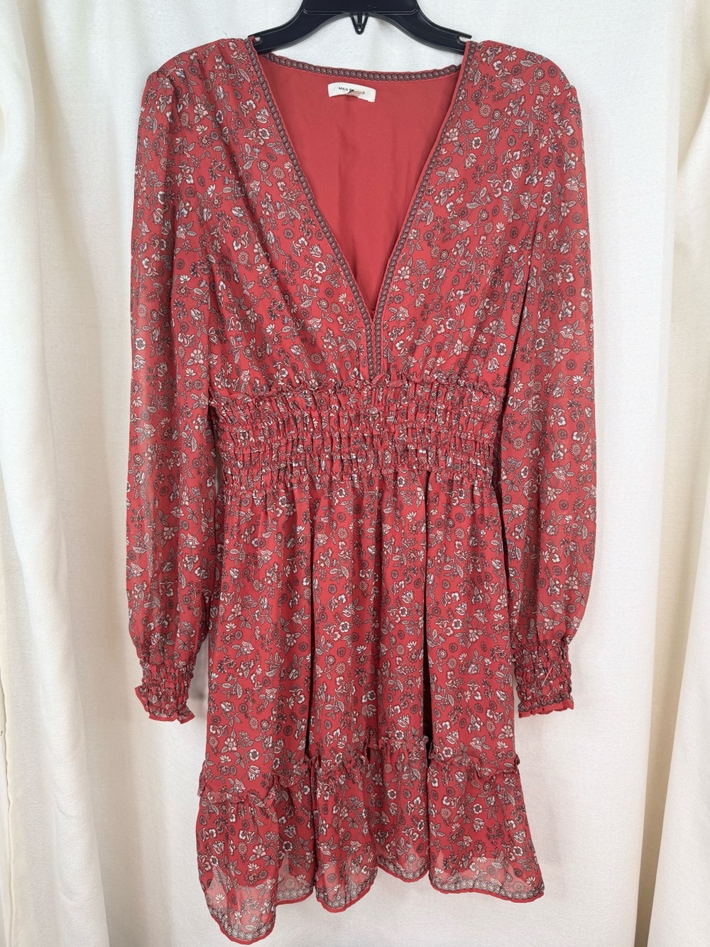 Max Studio Long Sleeve Floral V-Neck Dress in Rust Red